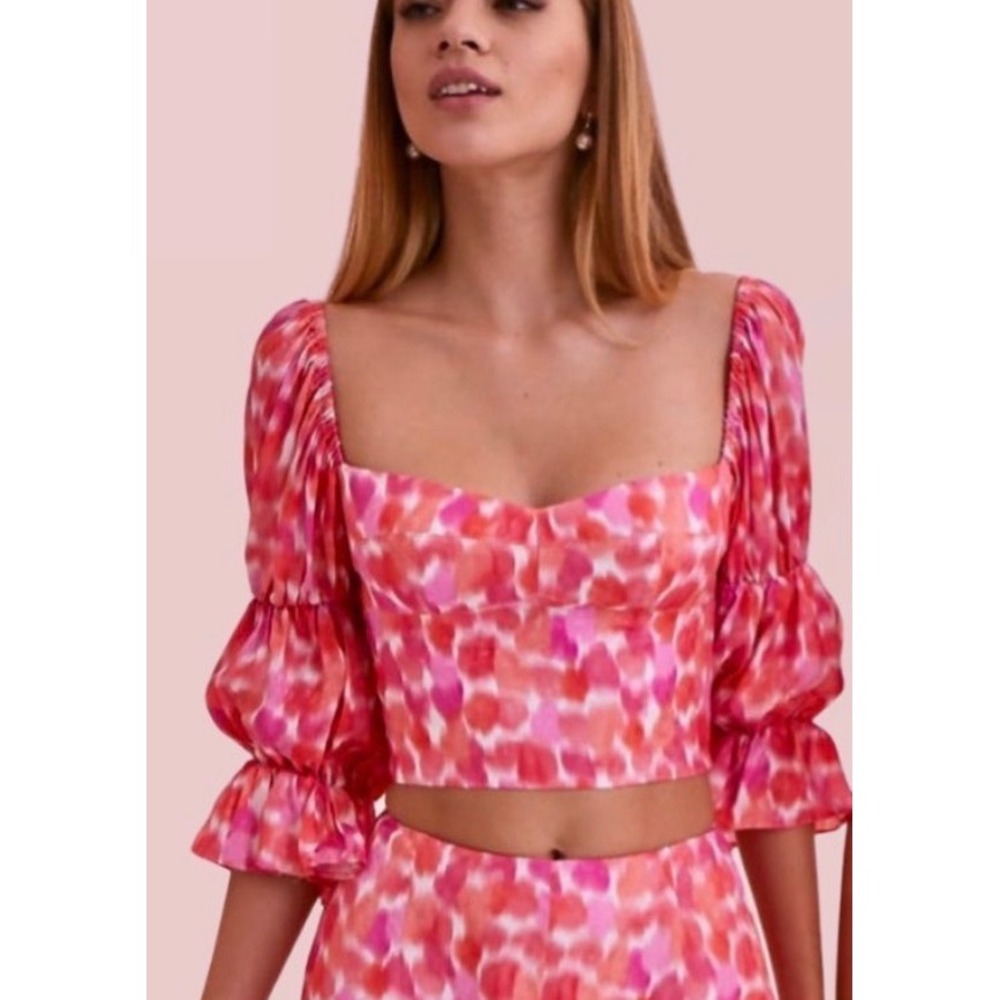Amanda Uprichard Pink Orange Abstract Watercolor Puff Sleeve Crop Top XS Summer